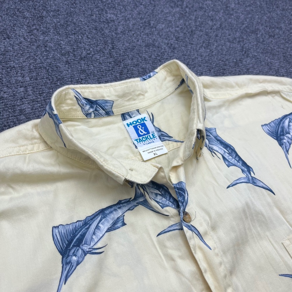 Hook & Tackle Fishing Nautical Marlin Print Cream Blue Button Down Shirt